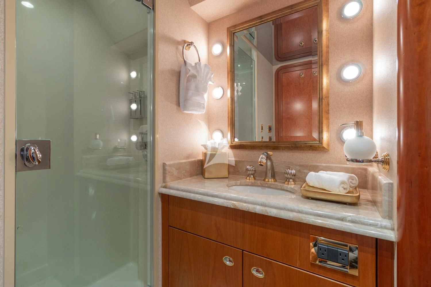 a bathroom with a sink and a mirror aboard MY WAY Yacht for Sale