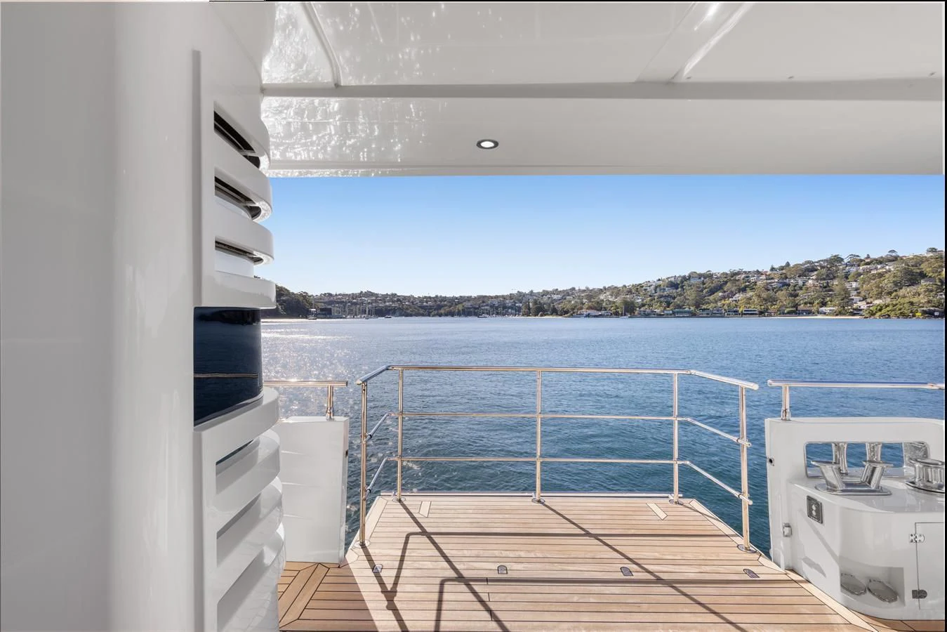 a balcony overlooking a body of water aboard LEGACY Yacht for Sale