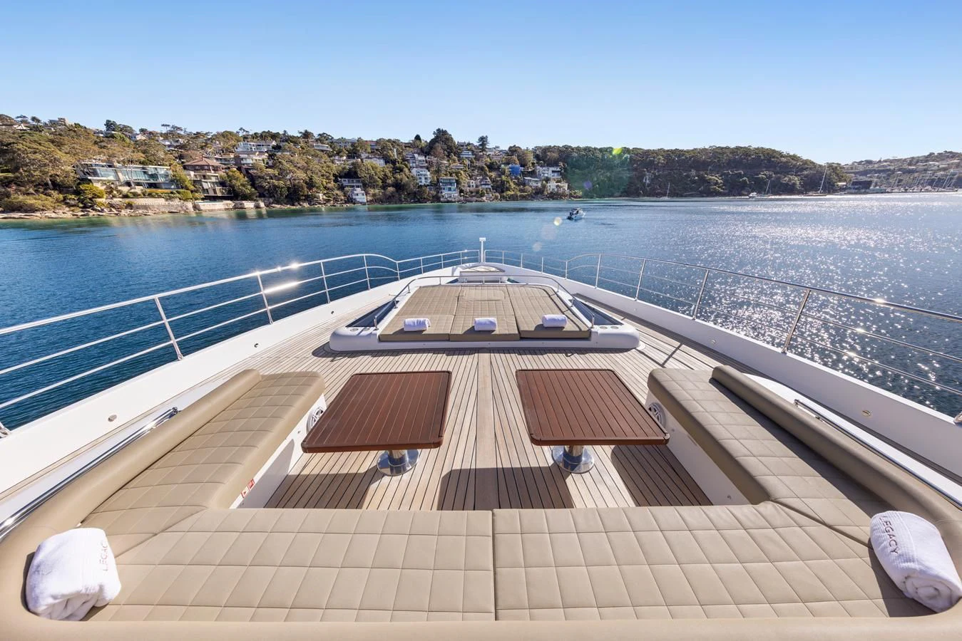 a deck with a boat on it aboard LEGACY Yacht for Sale