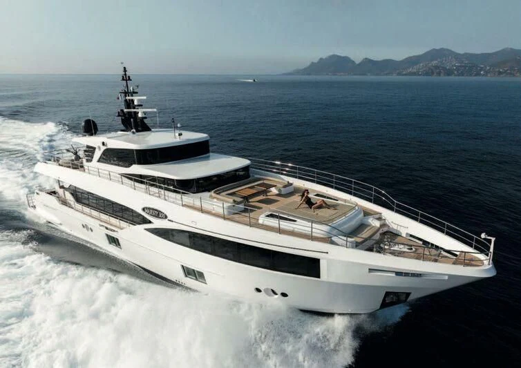 a large white ship in the water aboard LEGACY Yacht for Sale
