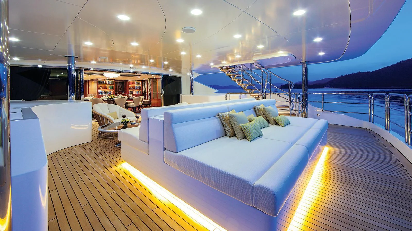 a large cruise ship in a large room aboard VICA Yacht for Sale