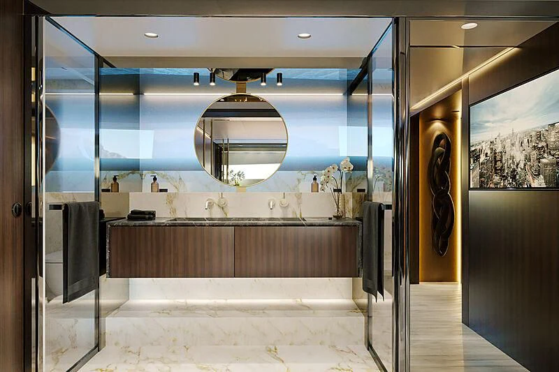 a large bathroom with a large mirror aboard EXTRA 88/03 Yacht for Sale