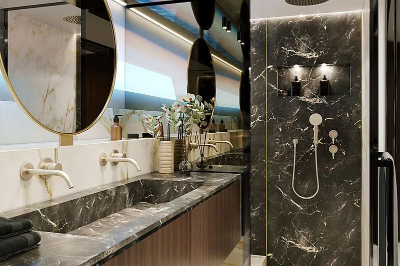 a bathroom with a large mirror aboard EXTRA 88/03 Yacht for Sale