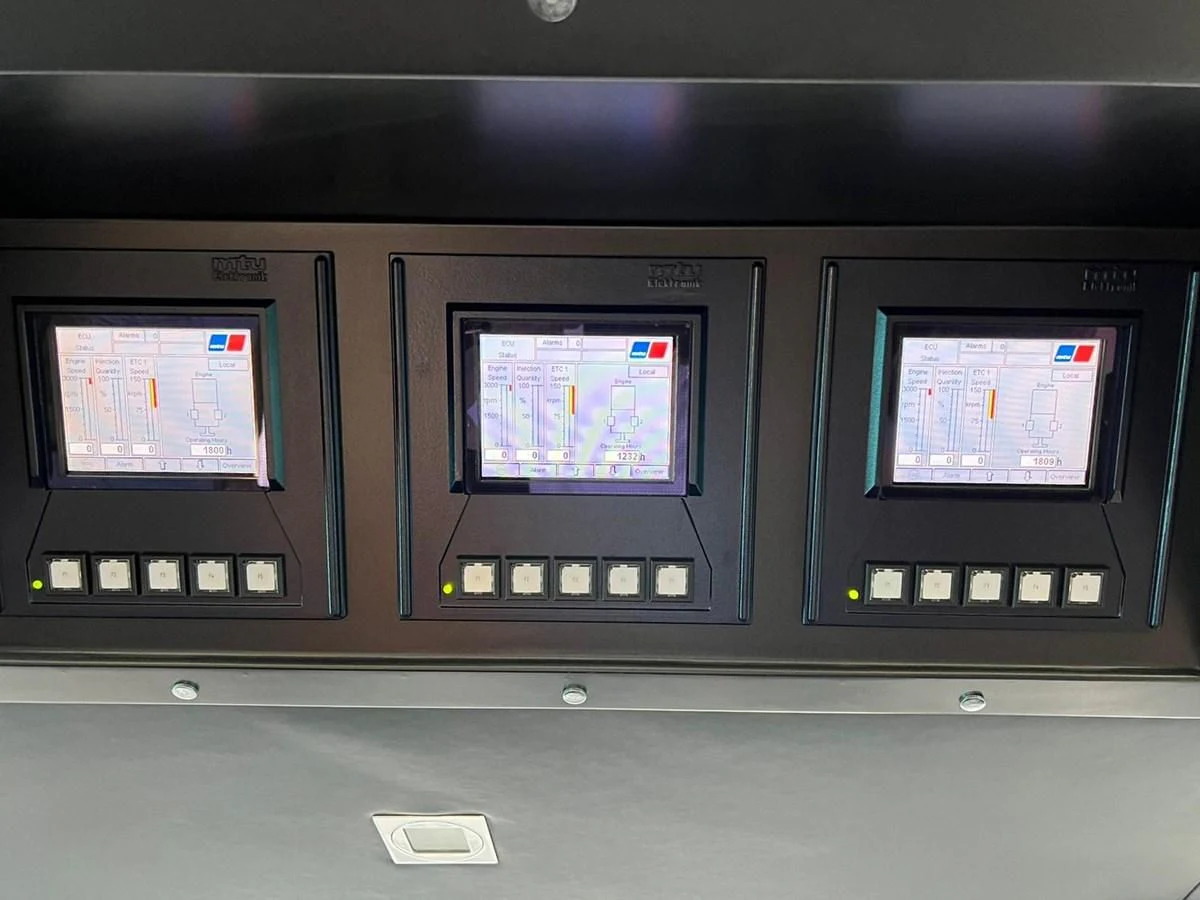 a row of computer screens aboard EYE Yacht for Sale