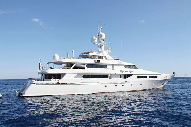 a large white yacht aboard LADY ANN MAGEE Yacht for Sale