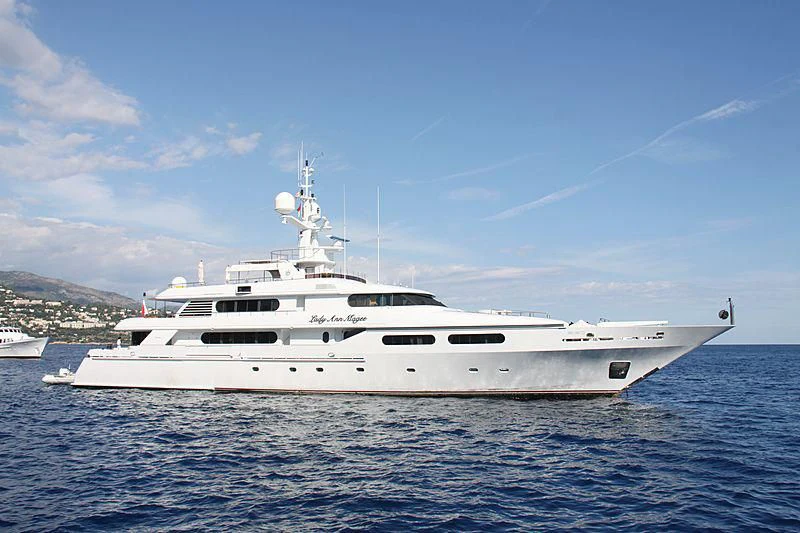 a white yacht in the water aboard LADY ANN MAGEE Yacht for Sale
