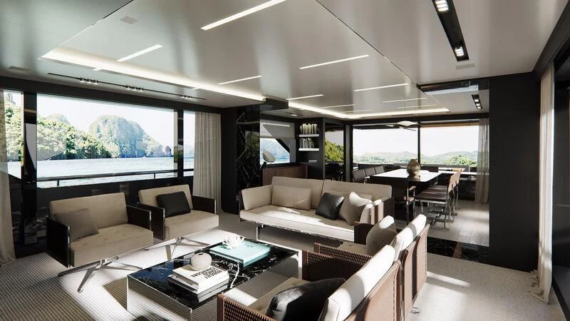 a living room with a large window aboard GIO4 Yacht for Sale