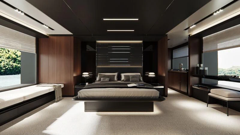 a large bedroom with a large bed aboard GIO4 Yacht for Sale