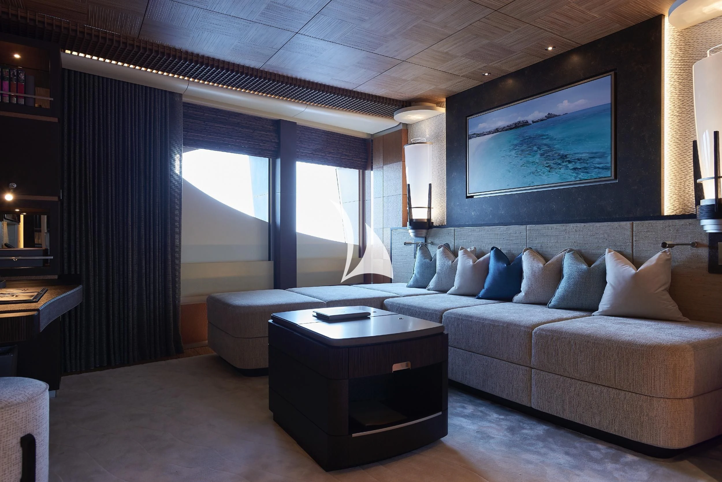 a room with a bed and a desk aboard BARBARA Yacht for Charter