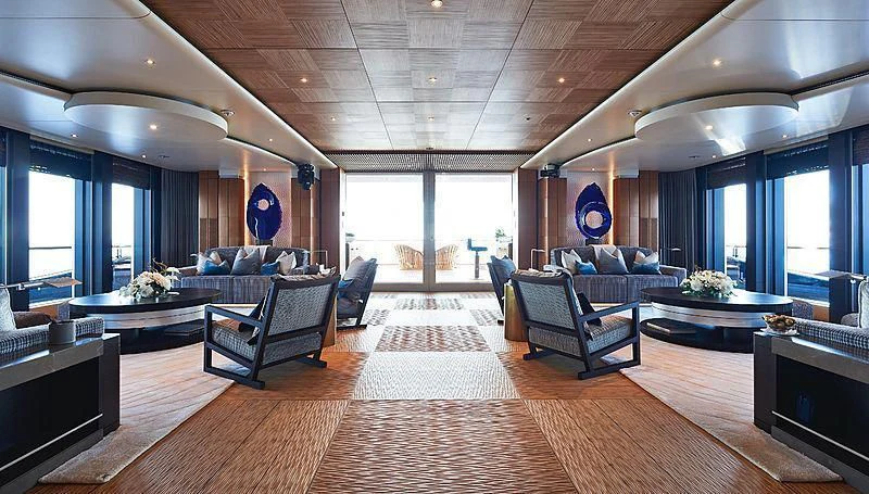 a living room with a wood floor aboard BARBARA Yacht for Charter