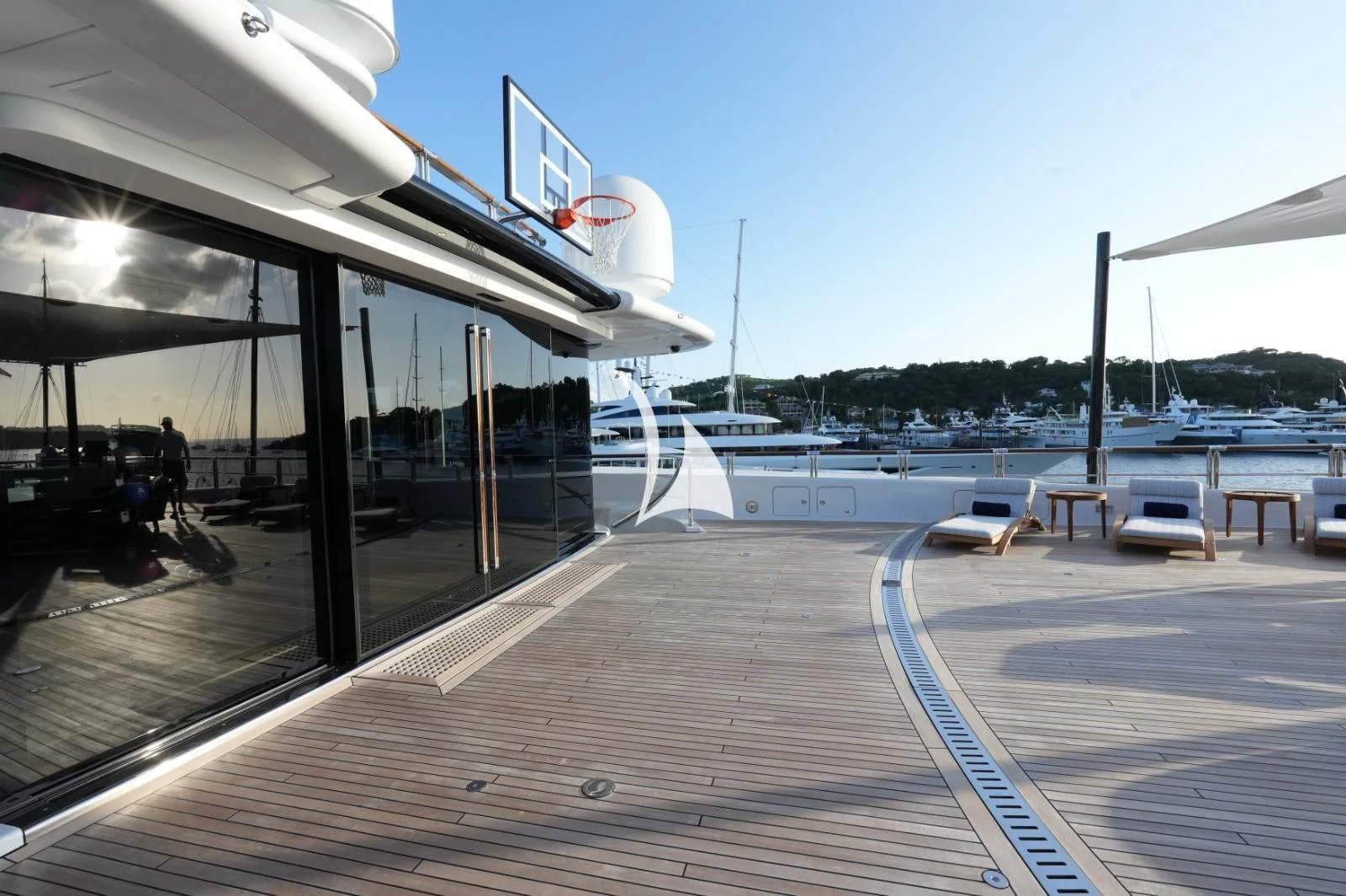 a deck with a boat on it aboard BARBARA Yacht for Charter