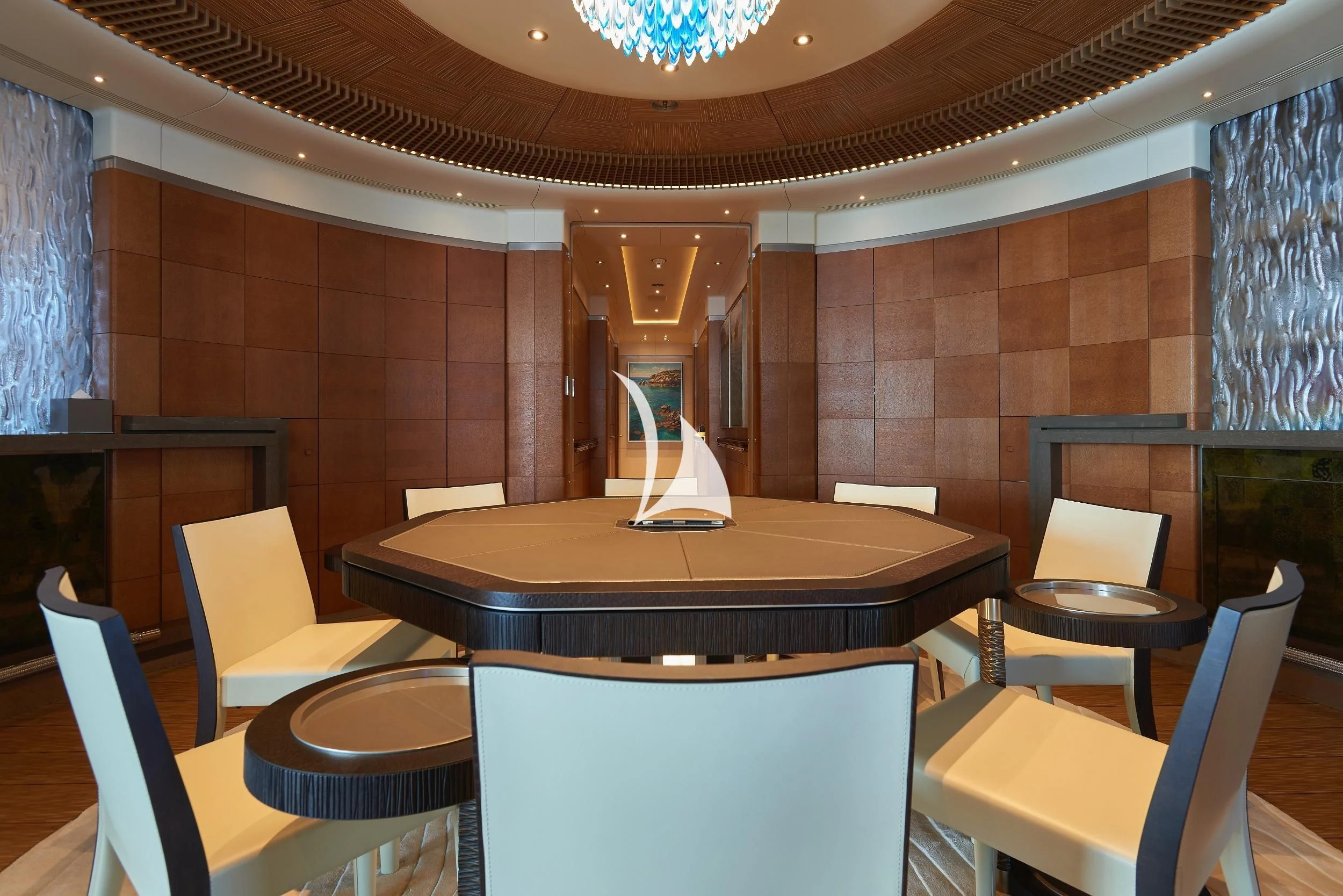 a room with tables and chairs aboard BARBARA Yacht for Charter