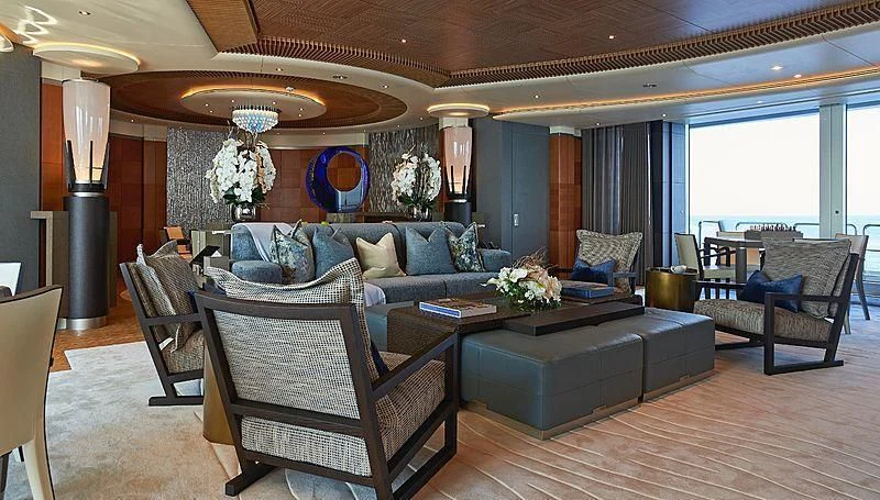 a living room with a large window aboard BARBARA Yacht for Charter