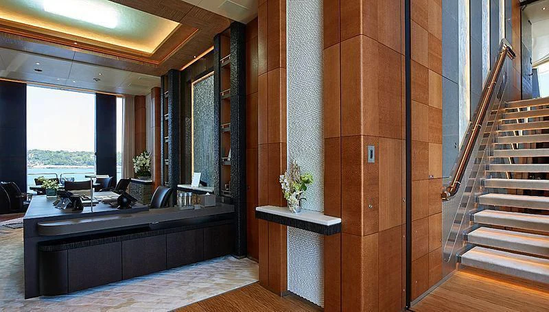 a large room with a counter and a window aboard BARBARA Yacht for Charter