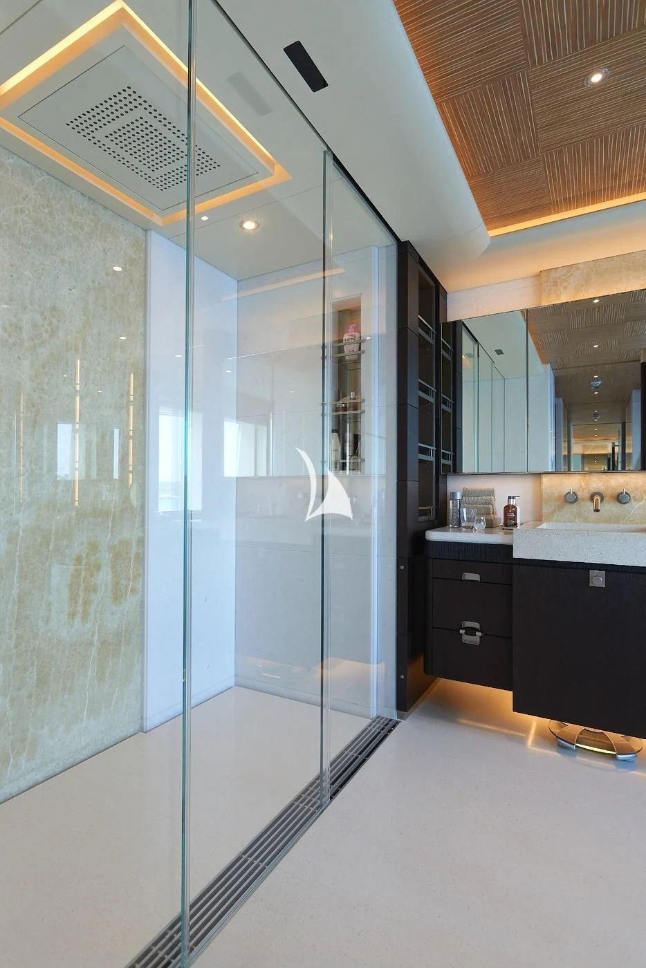a glass shower unit in a bathroom aboard BARBARA Yacht for Charter