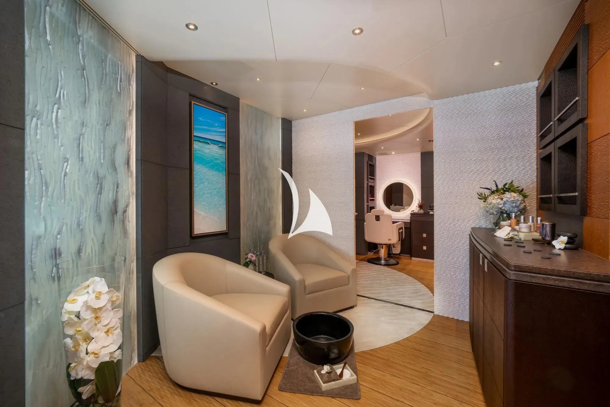 a modern bathroom with a glass coffee table aboard BARBARA Yacht for Charter