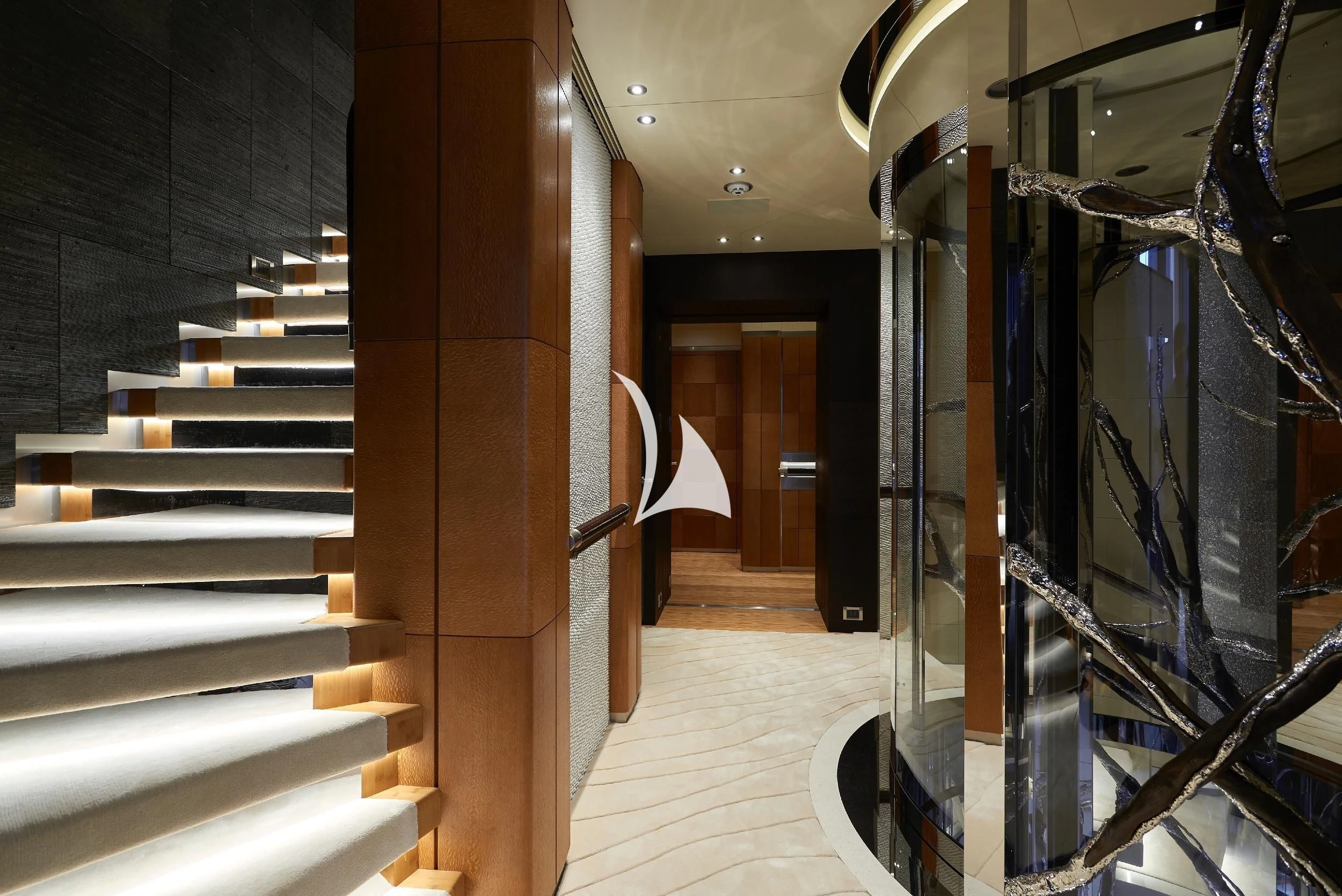 a staircase in a building aboard BARBARA Yacht for Charter