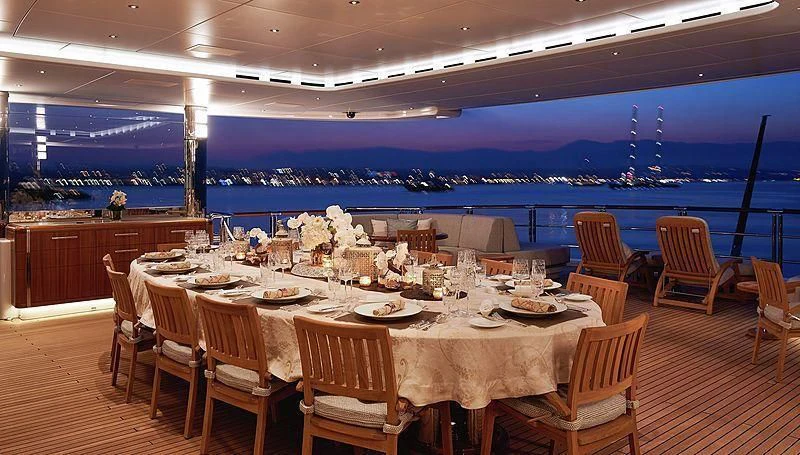 a large room with tables and chairs aboard BARBARA Yacht for Charter
