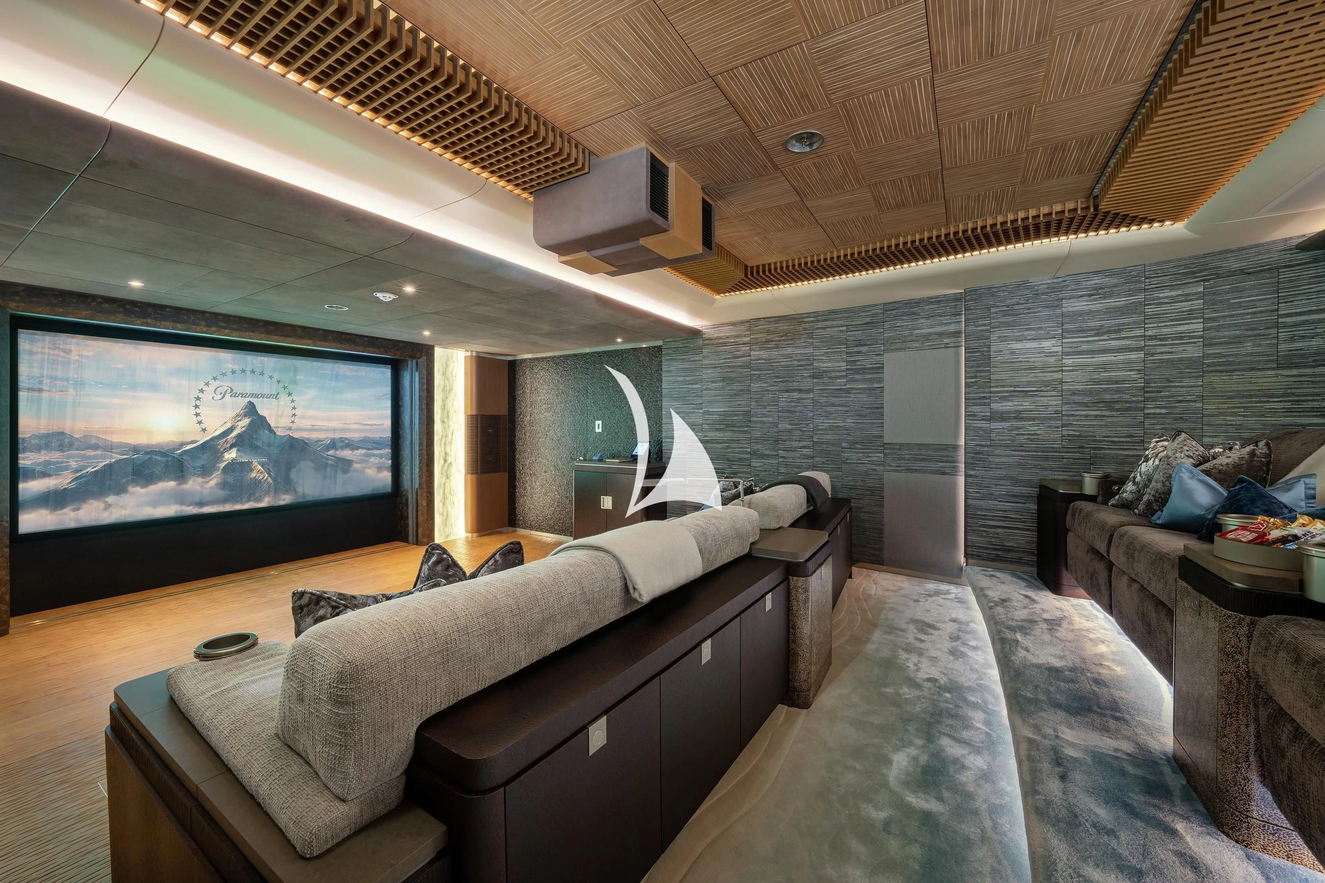 a room with a tv and a bed aboard BARBARA Yacht for Charter
