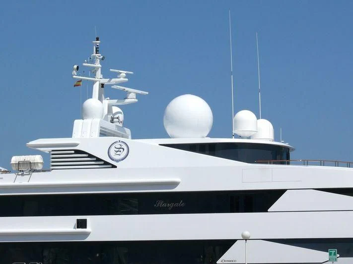 a white boat with a satellite dish on it aboard YASMINE OF THE SEA Yacht for Sale