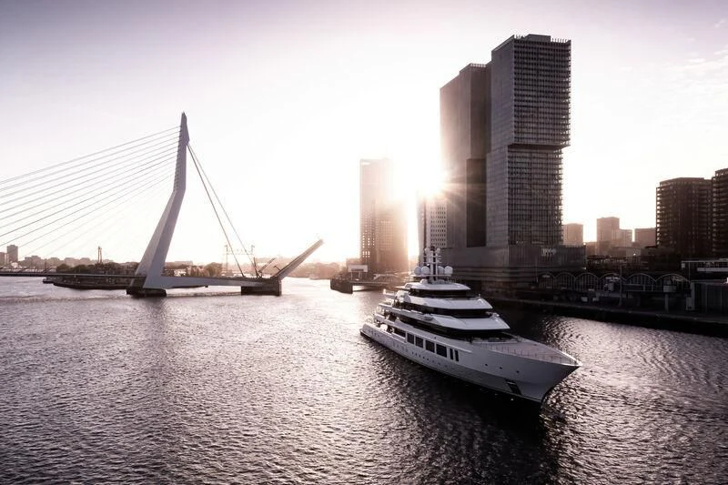 a boat sailing on a river aboard INFINITY Yacht for Sale