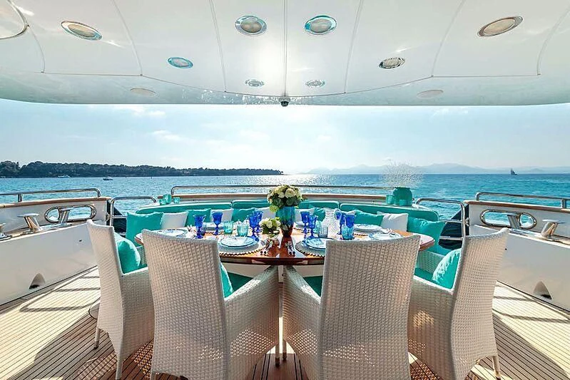 a table set for a meal on a boat aboard BANG! Yacht for Charter