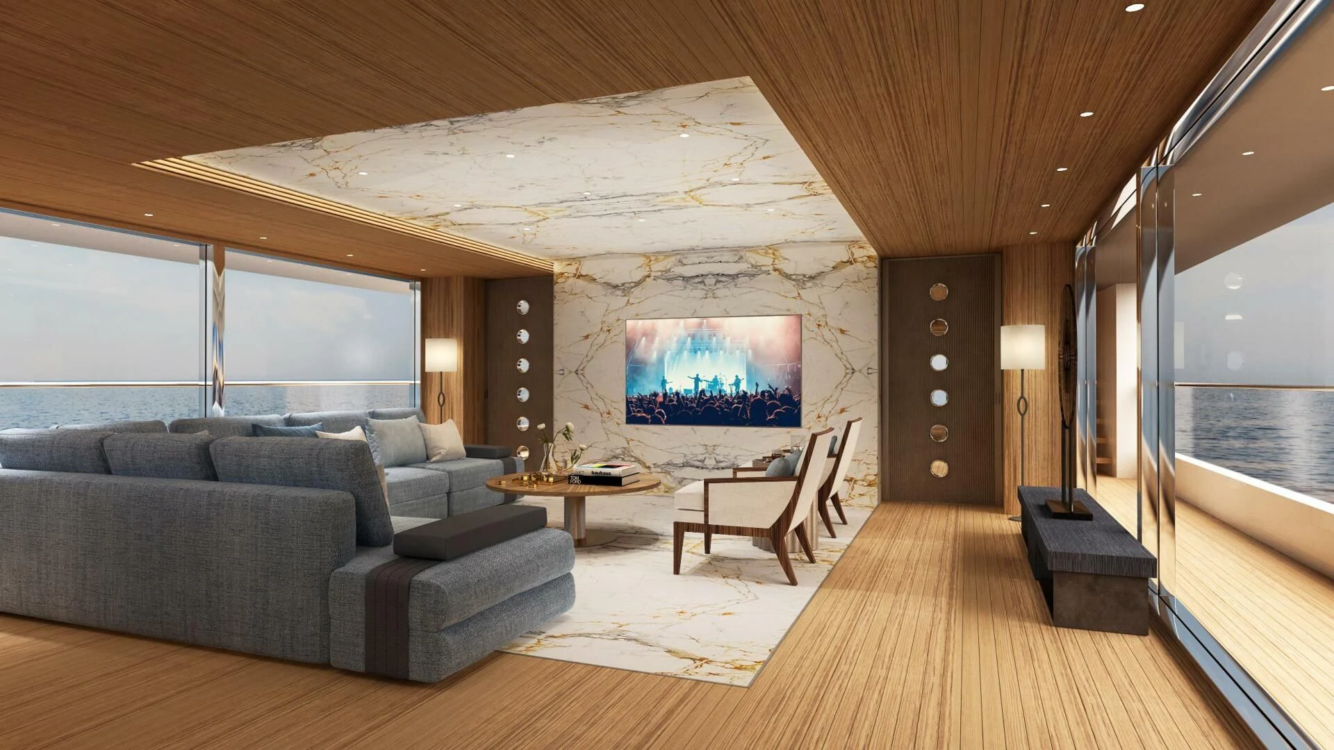 a living room with a large television aboard DYNAMIQ GTT 170 Yacht for Sale