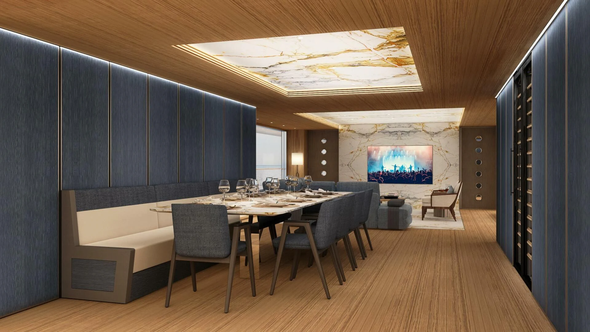 a room with a table and chairs aboard DYNAMIQ GTT 170 Yacht for Sale