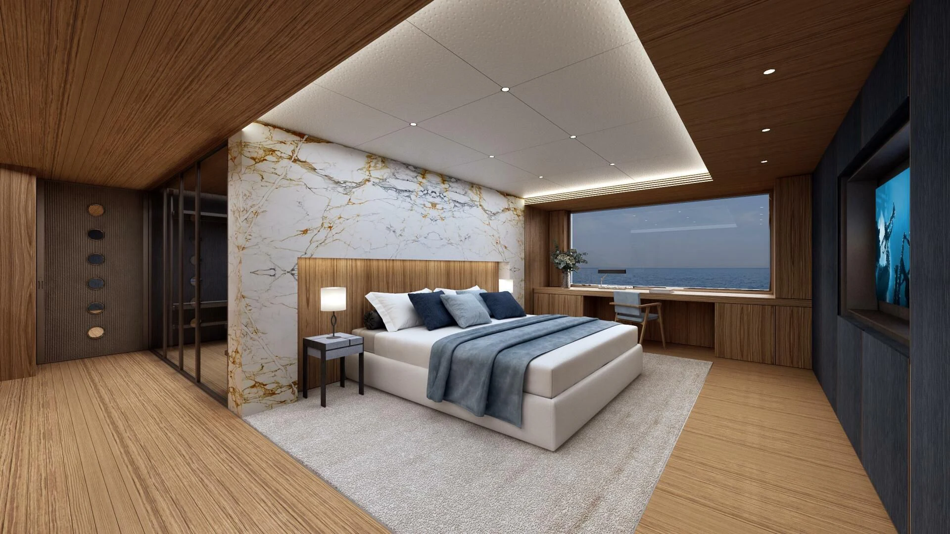 a bedroom with a large bed aboard DYNAMIQ GTT 170 Yacht for Sale