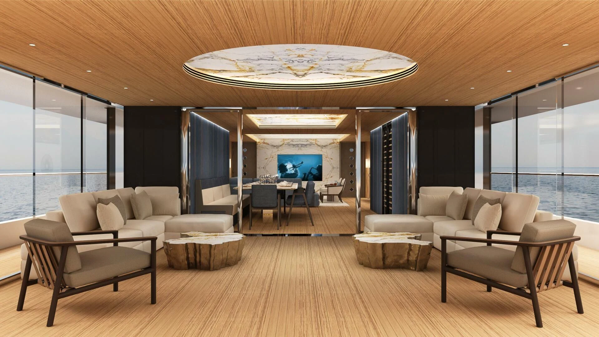 a living room with a large chandelier aboard DYNAMIQ GTT 170 Yacht for Sale