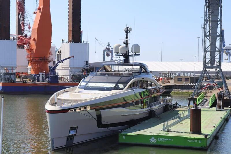 a boat docked at a port aboard ULTRA G Yacht for Sale