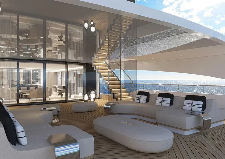 a modern looking room with a large glass wall aboard ULTRA G Yacht for Sale