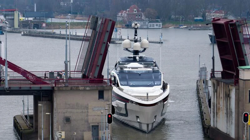 a boat in a harbor aboard ULTRA G Yacht for Sale