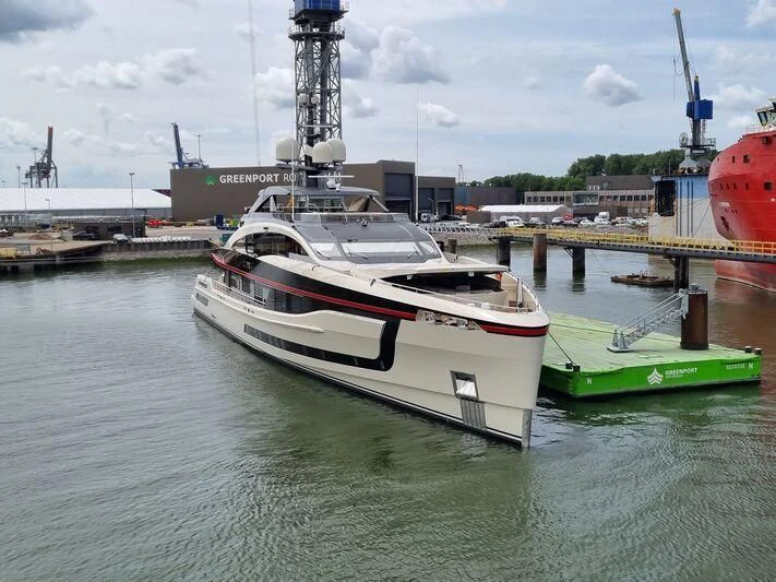 a boat docked at a port aboard ULTRA G Yacht for Sale