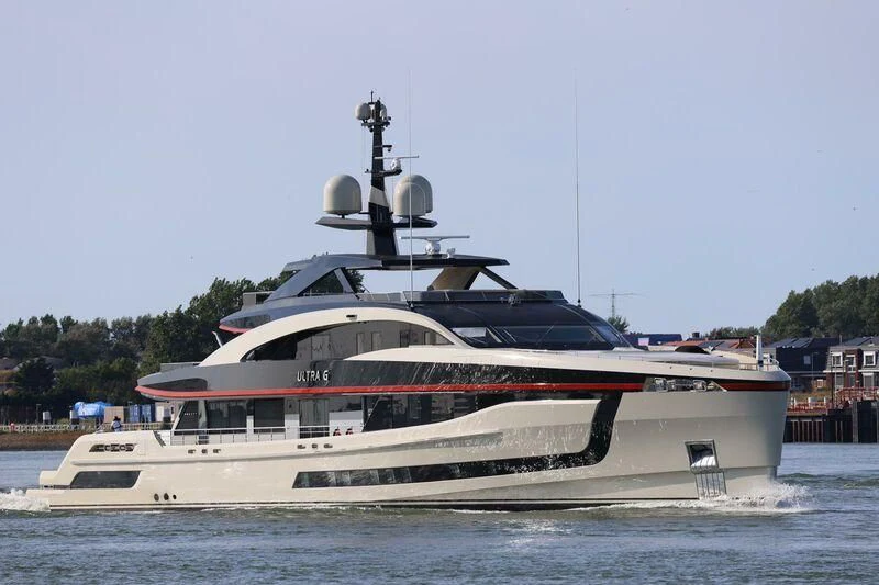 a large boat on the water aboard ULTRA G Yacht for Sale