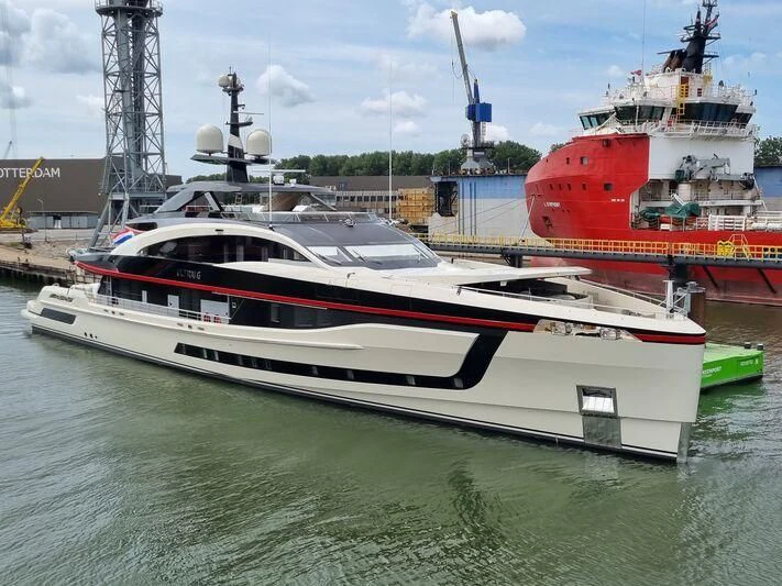 a boat in a harbor aboard ULTRA G Yacht for Sale