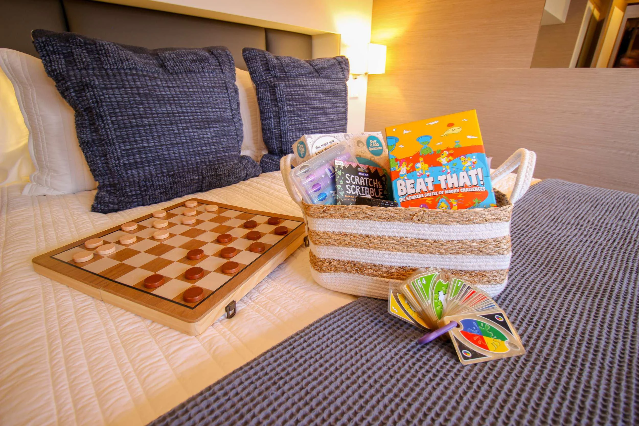 a couple of boxes on a bed aboard PRINCESS MILA Yacht for Charter