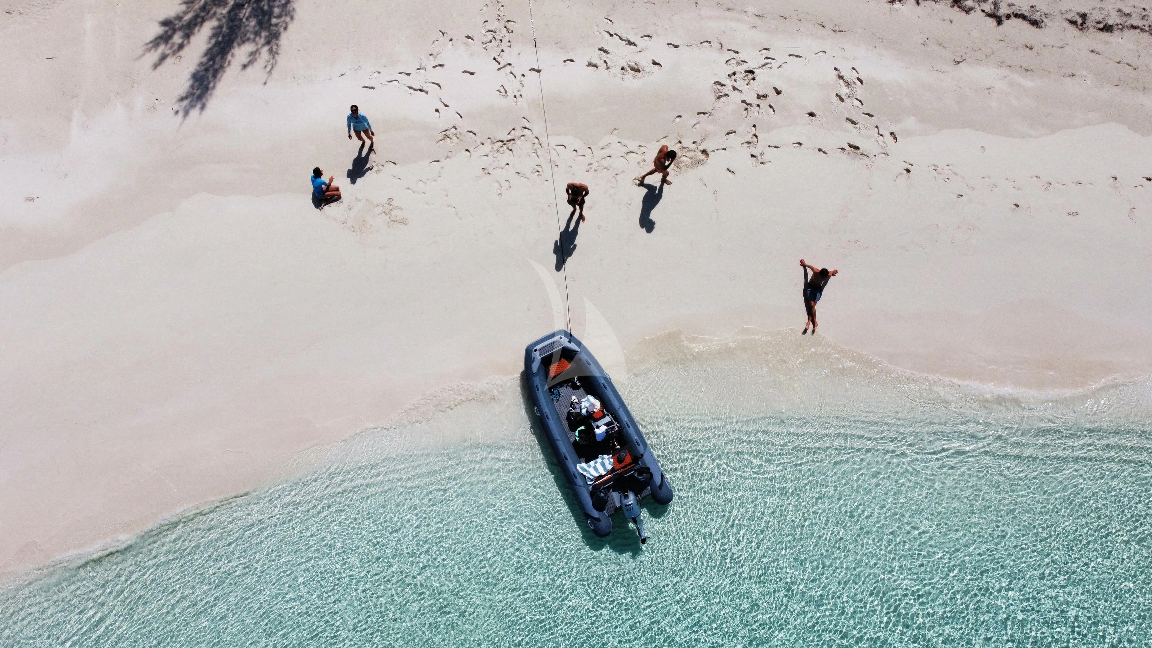 a group of people on a beach aboard PRINCESS MILA Yacht for Charter