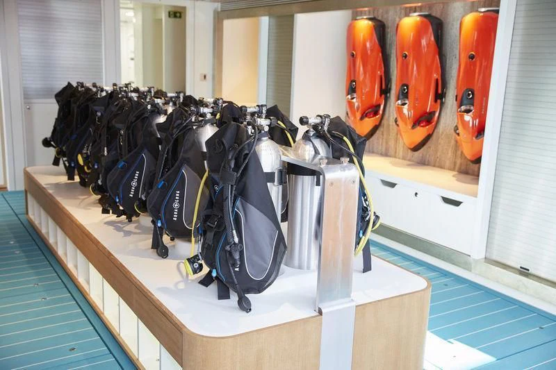 a display of black and white shoes aboard SAMAYA Yacht for Sale