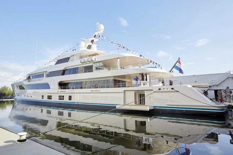a large white yacht aboard SAMAYA Yacht for Sale