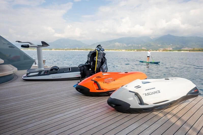 a boat with a kayak on it aboard RELIANCE Yacht for Sale
