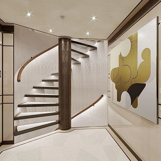 a white staircase with a painting on the wall aboard RELIANCE Yacht for Sale