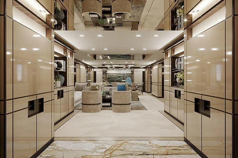 a large room with glass walls aboard RELIANCE Yacht for Sale