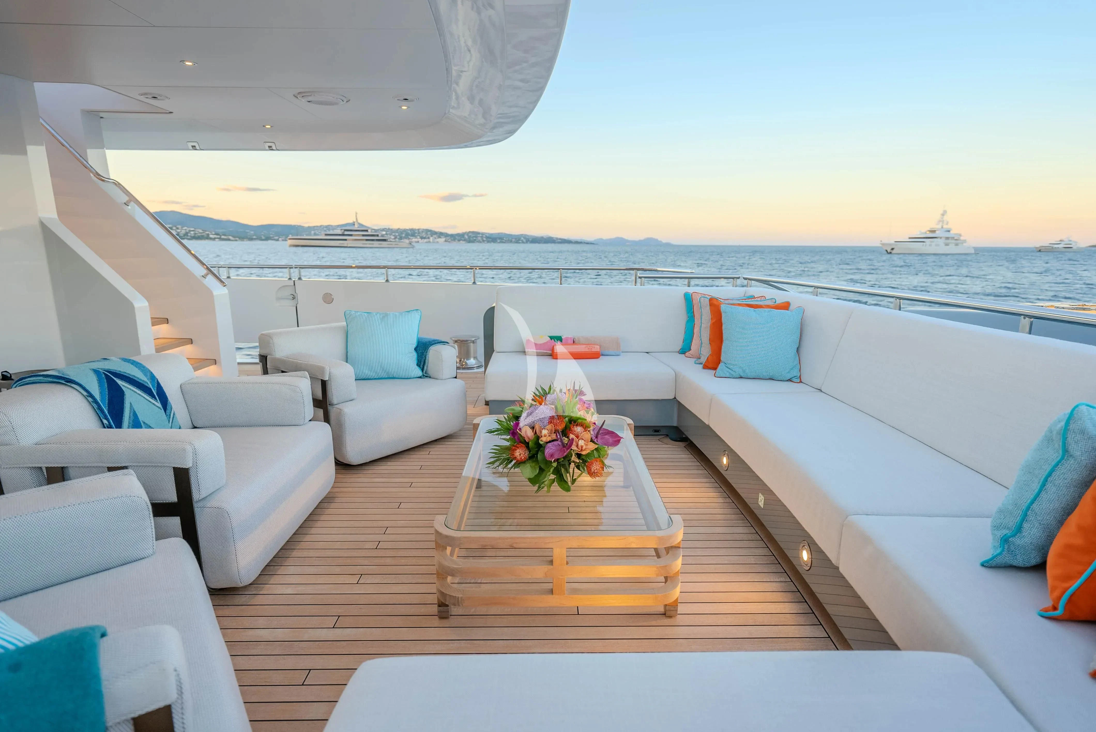 a living room with a large body of water aboard RELIANCE Yacht for Sale