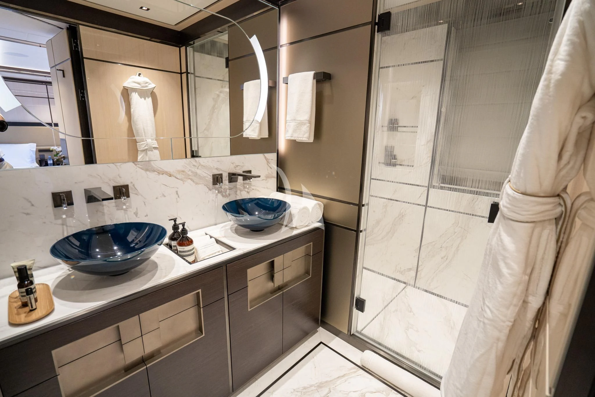 a bathroom with a sink and a mirror aboard RELIANCE Yacht for Sale