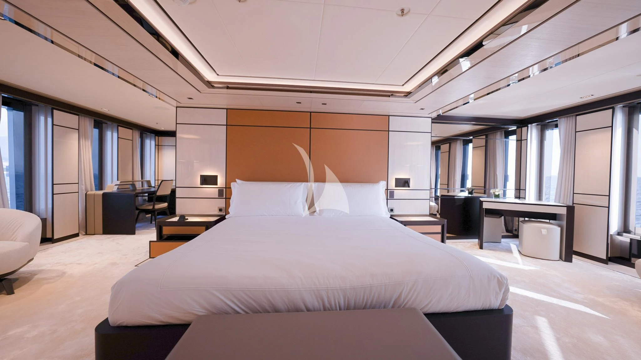 a large bed in a room aboard RELIANCE Yacht for Sale