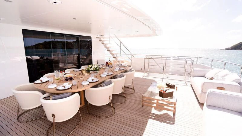a large room with tables and chairs aboard RELIANCE Yacht for Sale