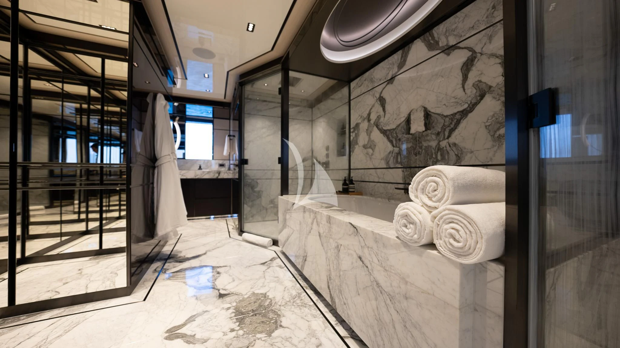 a large marble statue in a building aboard RELIANCE Yacht for Sale