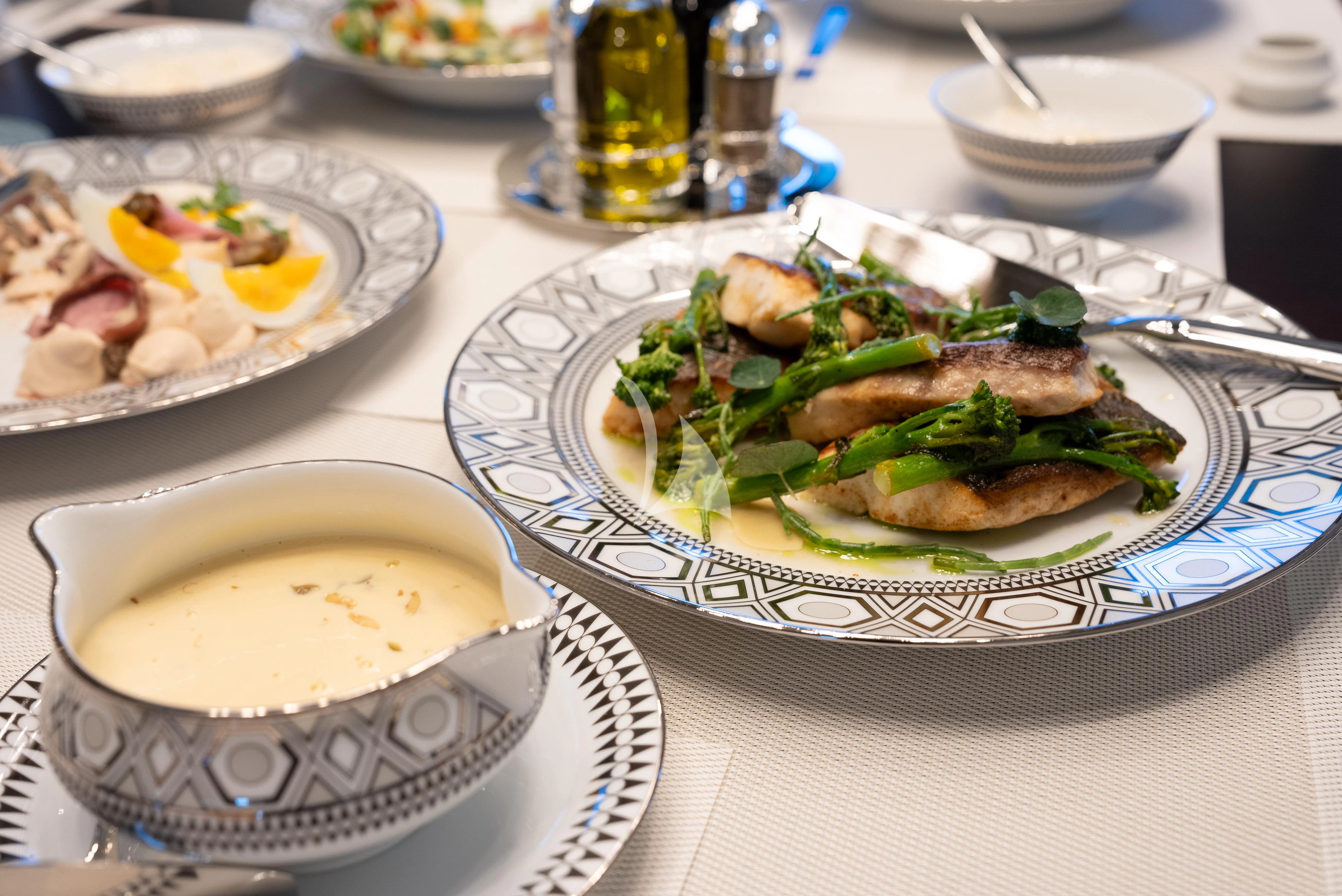 a plate of food and a cup of coffee aboard RELIANCE Yacht for Sale