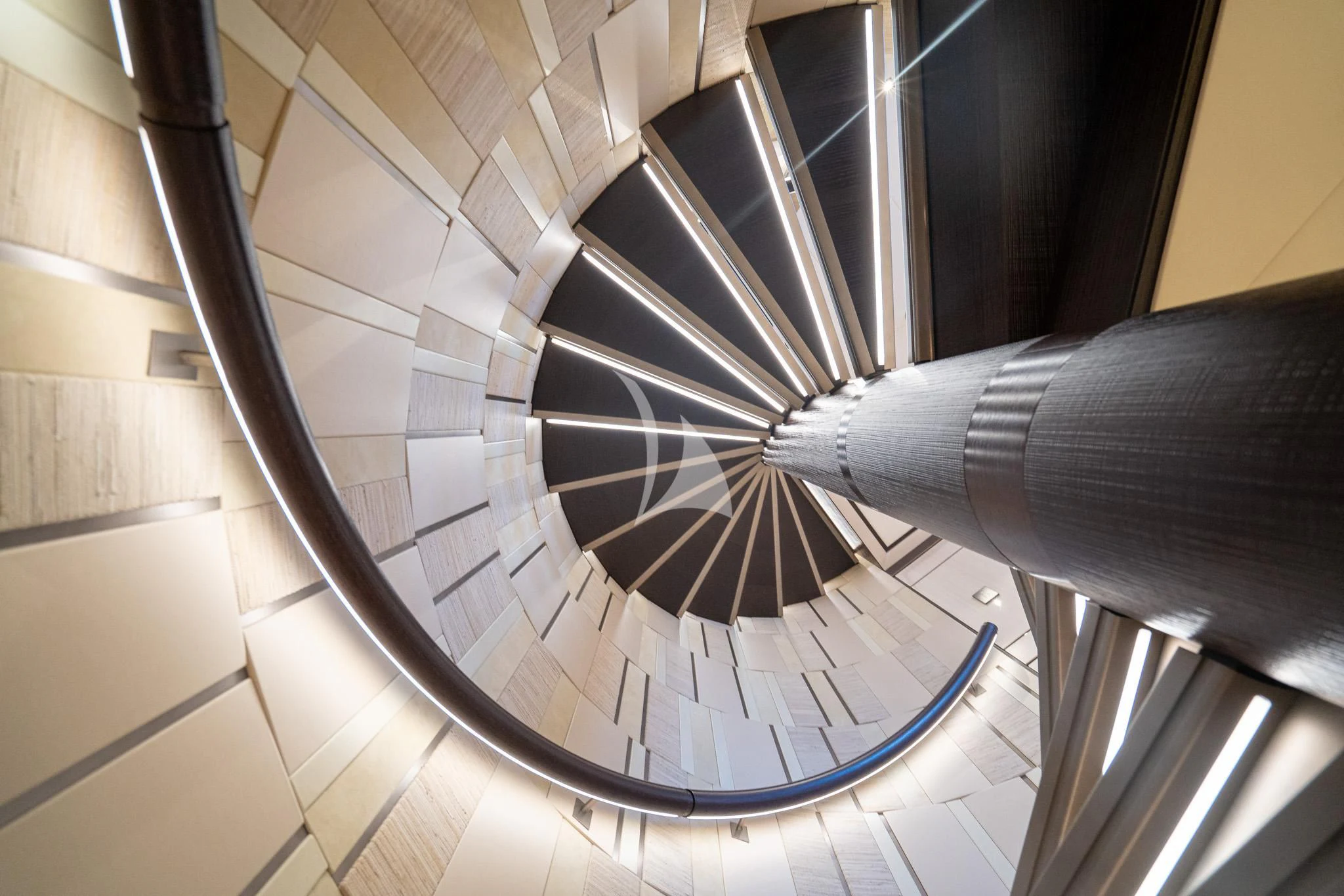 a metal spiral staircase aboard RELIANCE Yacht for Sale
